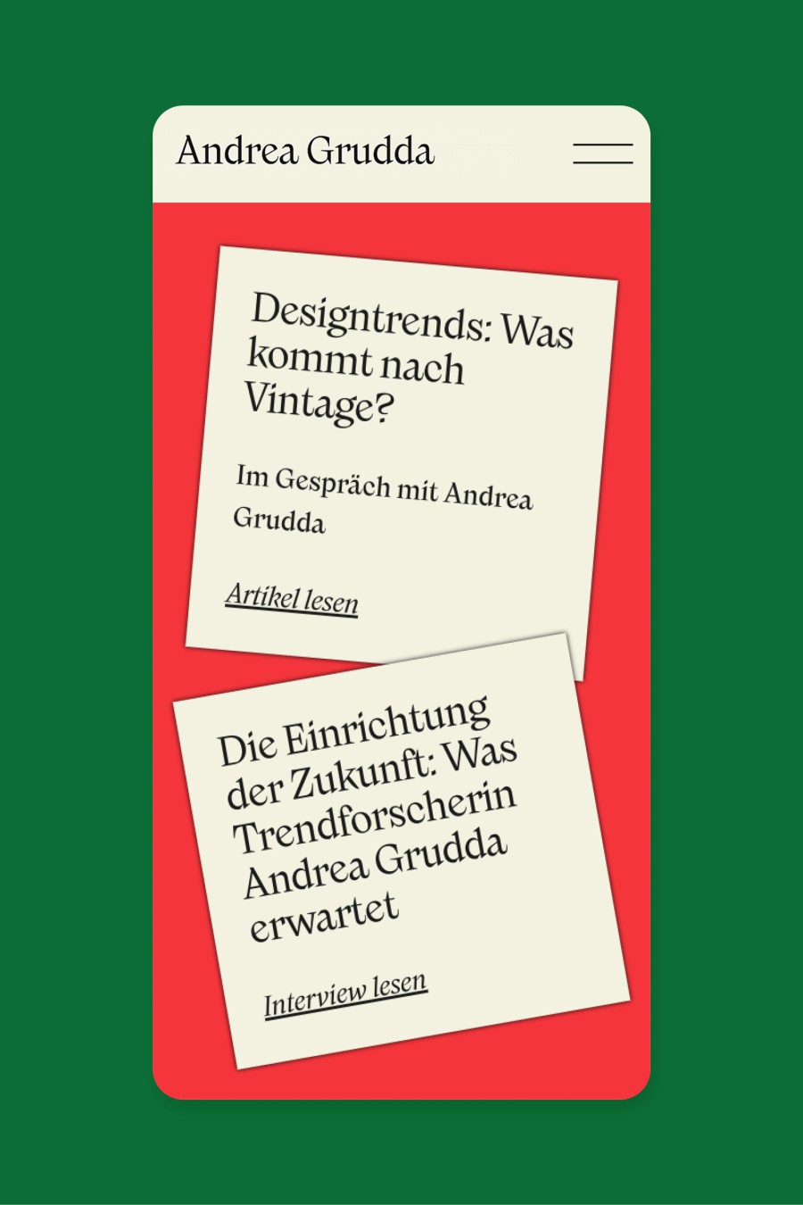 Smartphone-Mockup der Andrea-Grudda-Website mit zwei exemplarischen Artikeln „Designtrends: Was bleibt, was auch morgen noch zählt" und dem Interview „Die Einrichtung der Zukunft: Was Trendforscherin Andrea Grudda erwartet“
