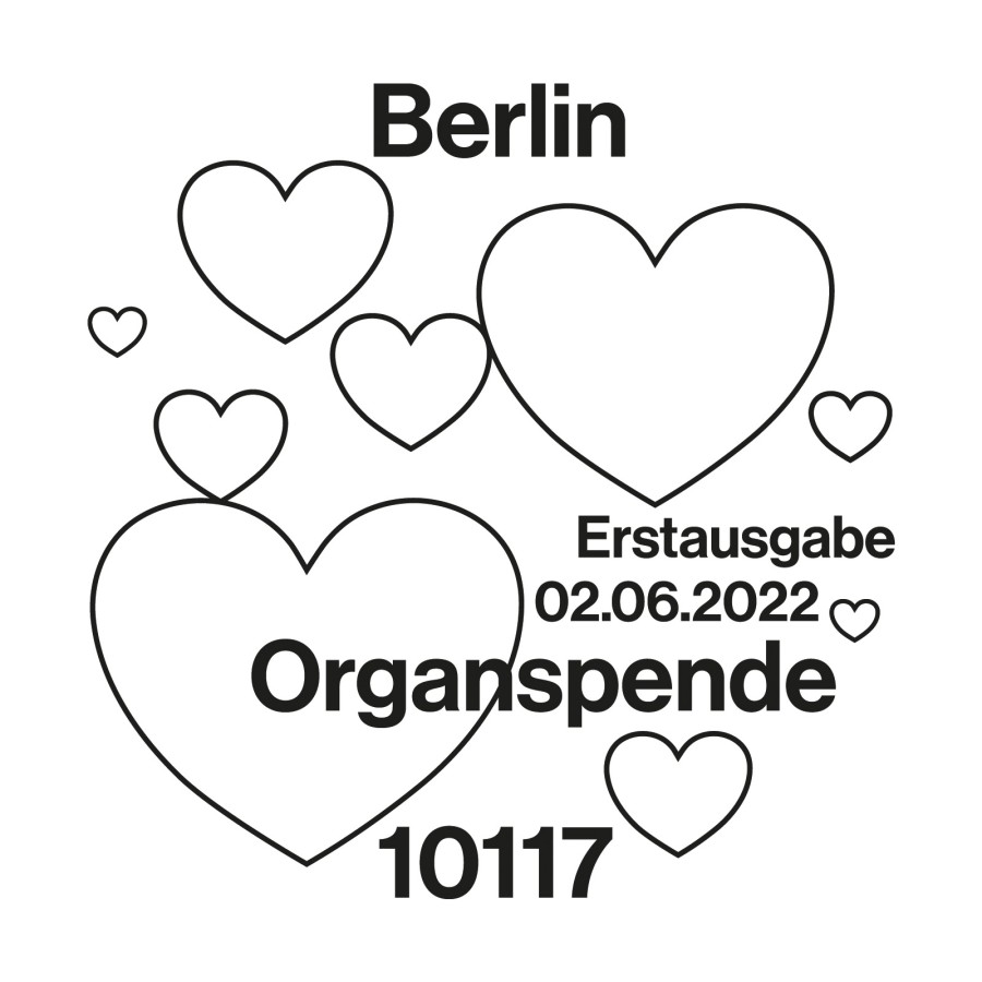 Ersttagsstempel zur Sonderbriefmarke Organspende für den Poststandort Berlin (PLZ 10117) mit Herzillustrationen und dem Ausgabedatum 02.06.2022