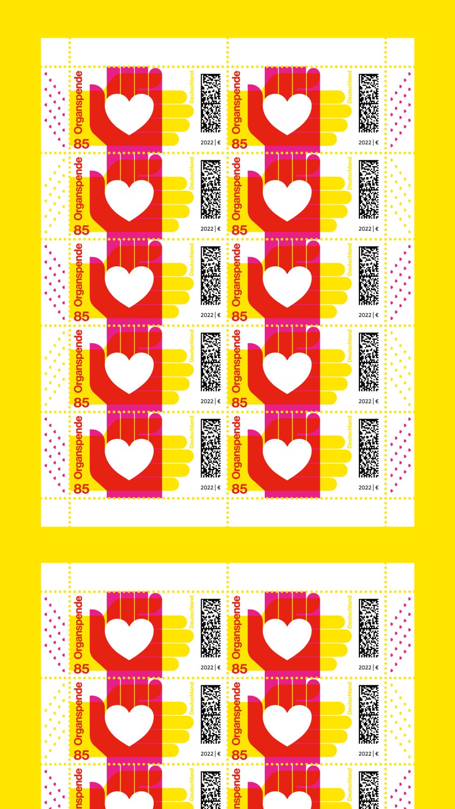 Vollständiger Druckbogen der Organspende-Sonderbriefmarke mit 10 Marken und weißen Herzmotiven auf gelbem Hintergrund