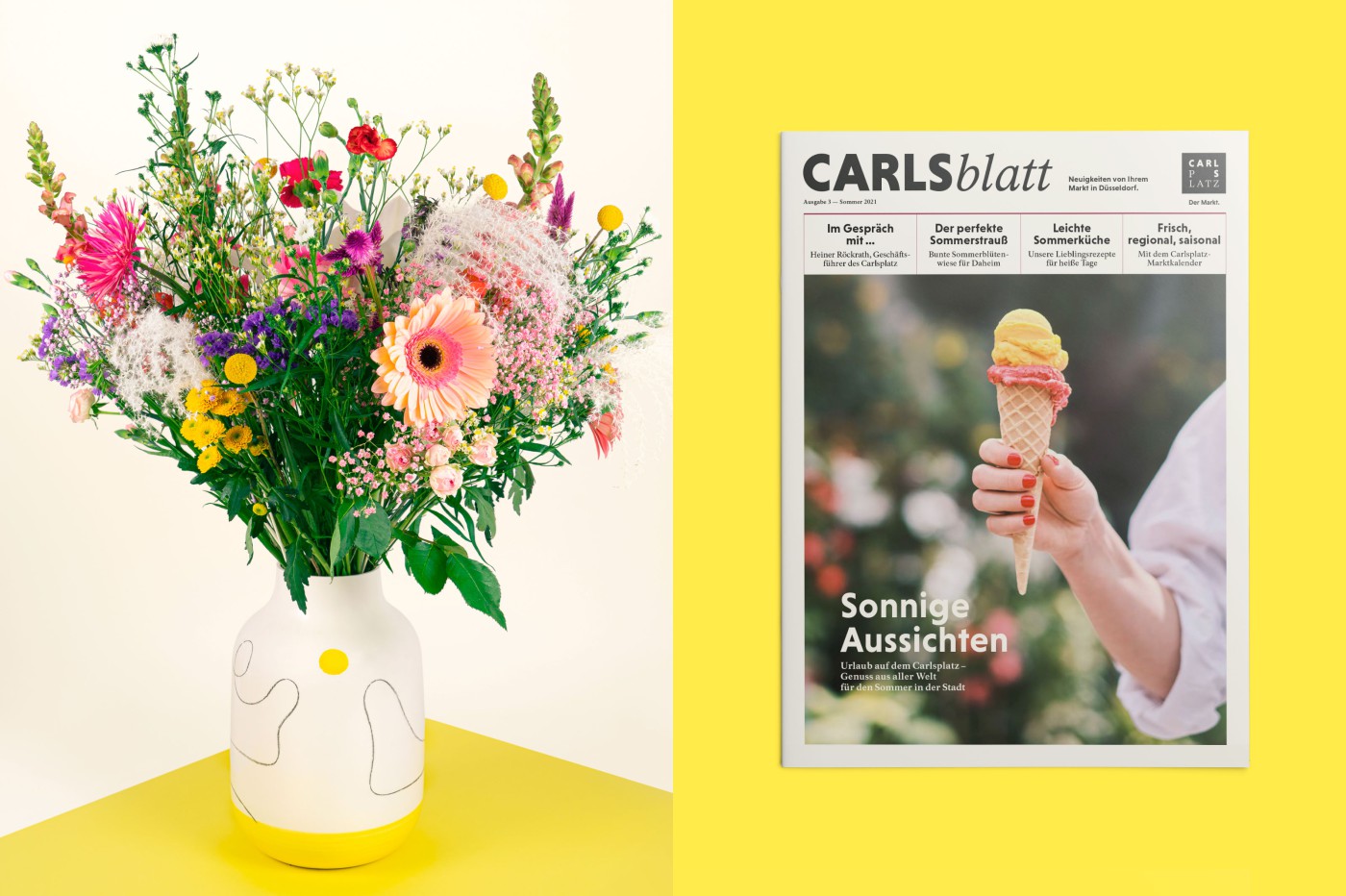 Carlsblatt-Magazin Mockups von Cover und Doppelseiten sowie Produktfotografien von H&auml;ndeln des Carlsplatz