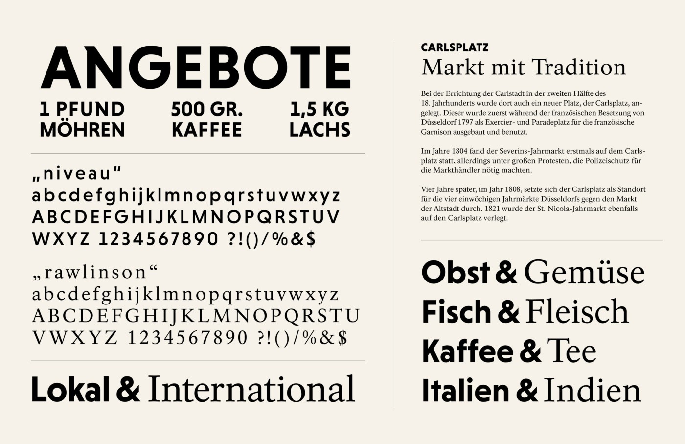 Grafische Herleitung des Carlsplatz-Logos: Ausschnitt aus einem Stadtplan von D&uuml;sseldorf mit dem markierten Carlsplatz-Areal, Typografie, Logo in positiv und negativ sowie den Corporate Farben