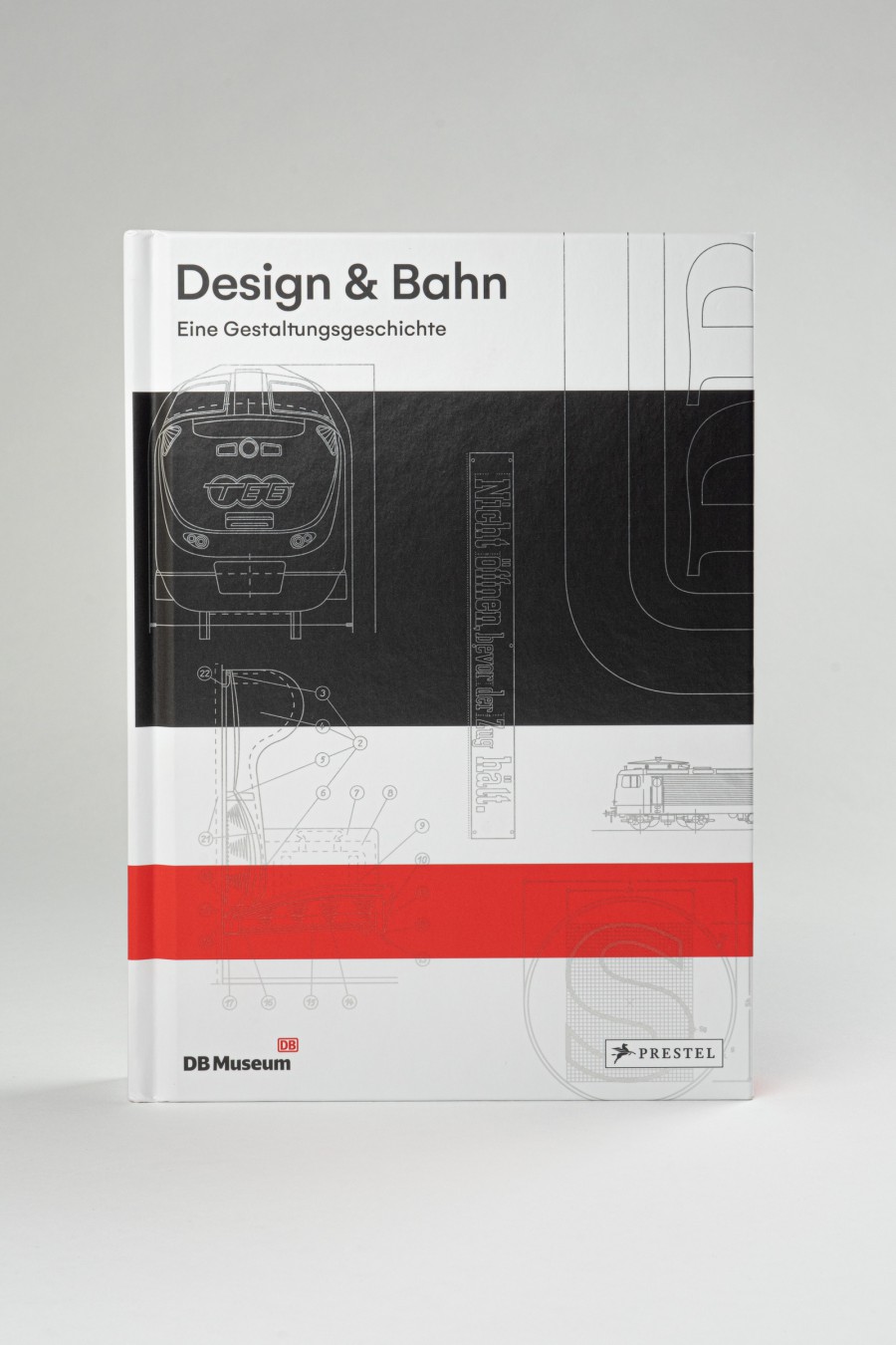 Cover des Buchs „Design & Bahn" als Buchhandelausgabe abstrakten grafischen Darstellung und technische Zeichnung einer Lokomotive und anderer Gestaltungselemente