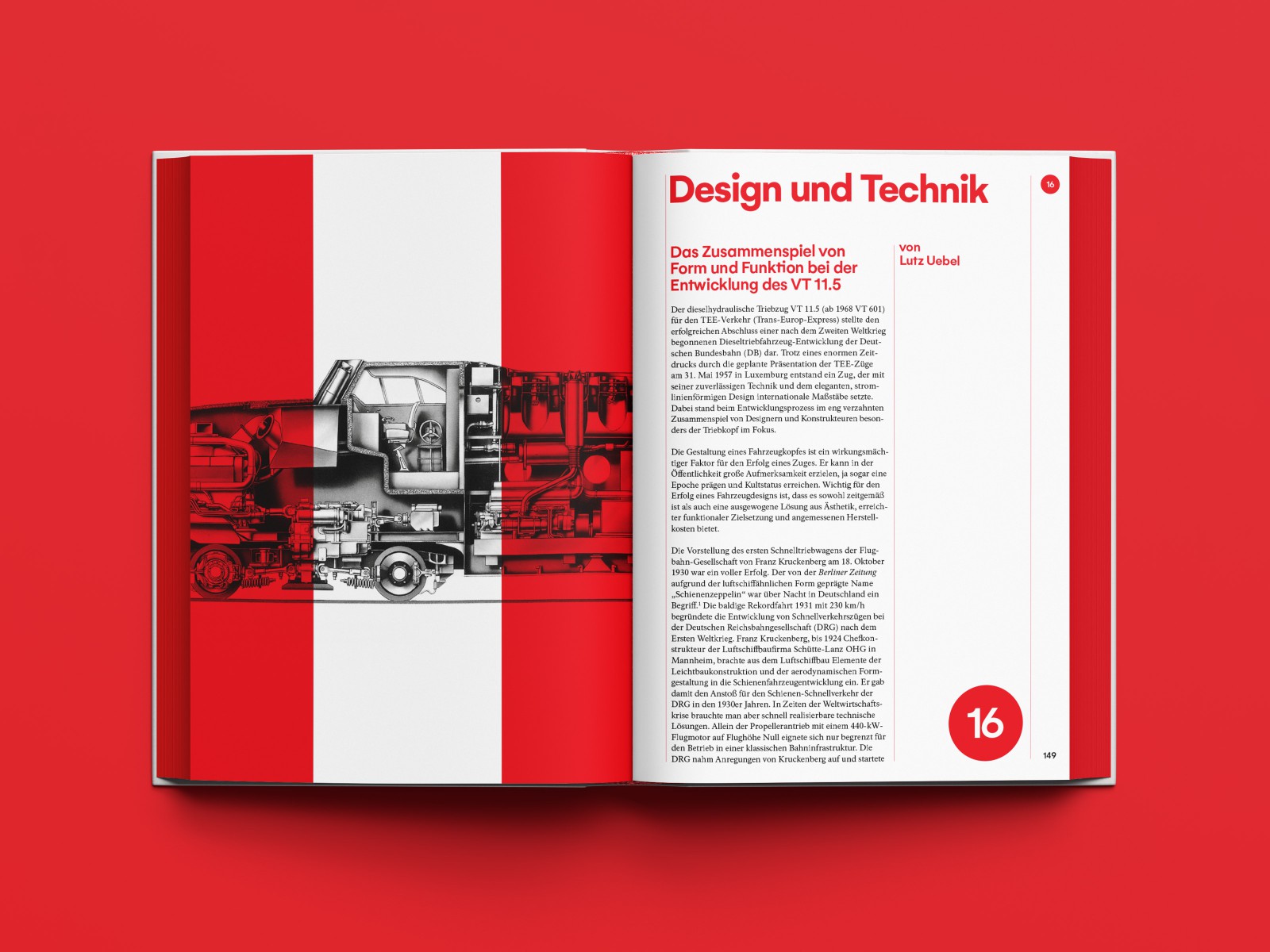 Aufgeschlagene Mockup Doppelseite: linke Seite mit einem Lok-Querschnitt, rechte Seite mit dem Text „Design und Technik - Das Zusammenspiel von Form und Funktion bei der Entwicklung des VT 11.5“