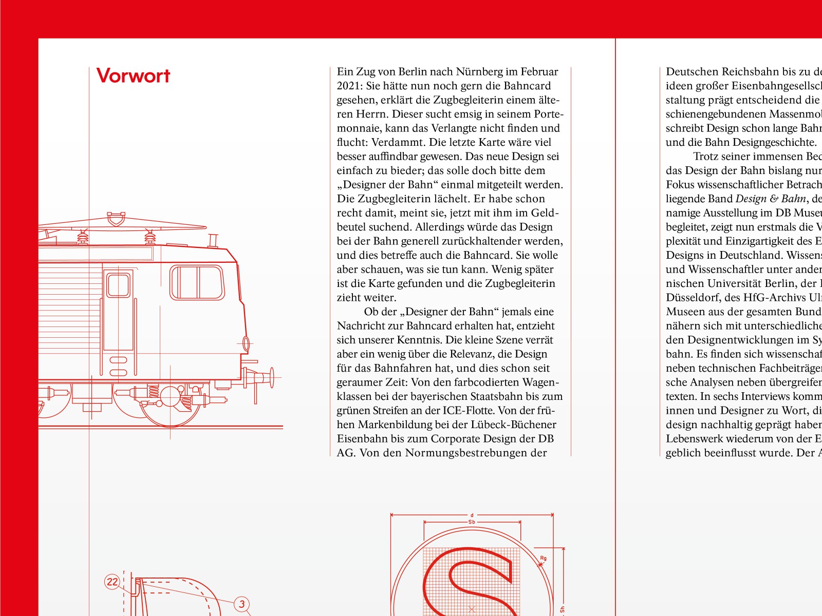 Detailansicht einer aufgeschlagenen Doppelseite mit der Rubrik „Vorwort“ mit technischen Zeichnungen einer Lok und des S-Bahn-Symbols