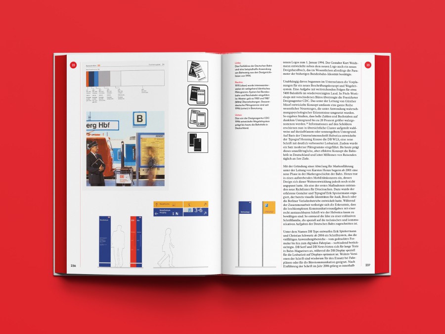 Aufgeschlagene Mockup Doppelseite zeigt das Farbklima der Deutschen Bahn aus den Design Richtlinien von 1994, Piktogramm-Entwicklung von 1970 bis 1996 und Wegeleitsystem der Disgnagentur CDC aus 1996
