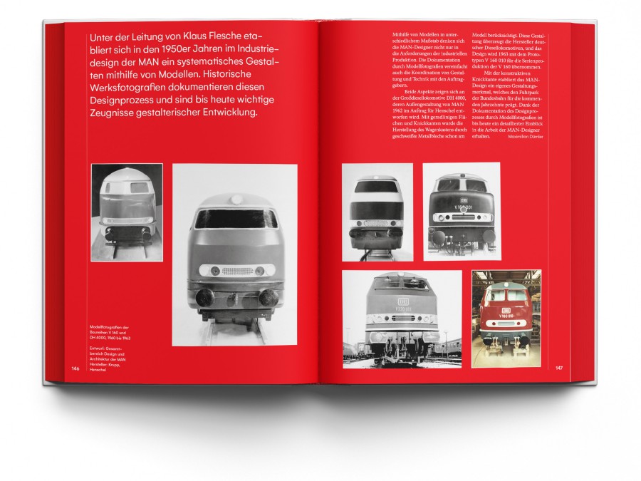 Aufgeschlagene Doppelseite mit Visualisierung der Entwicklung des Industriedesigns der MAN ein systematischen Gestalten mithilfe von Modellen aus 1960 bis 1963