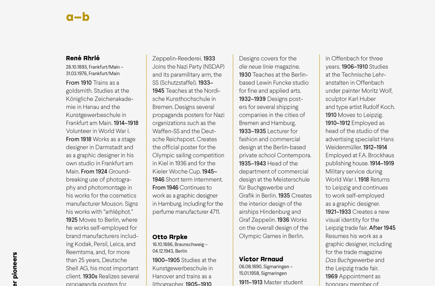 Detailsansicht der unterschiedlichen Element ein Buch: mehrspaltig gesetzte Chronologie verschiedener der Pioniere des deutschen Grafikdesigns (u. a. Willy Petzold, Paul Renner, Bernd Reuters, Fritz Rosen, Georg Salter) auch als Index, Abbildungen historischer Plakate sowie der Verteilung von Designschulen auf Deutschlandkarte