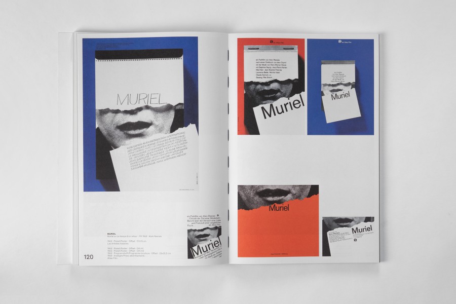 A spread from the book *Moving Pictures* showing design variations for the *Muriel* movie poster