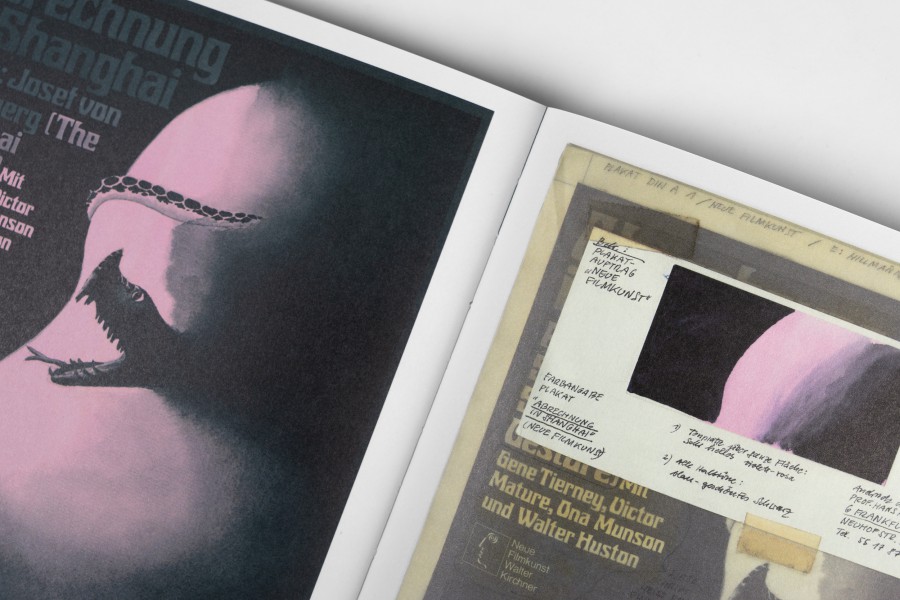 Close-up of a page from a book containing sketches and typography notes for a Hillmann movie poster