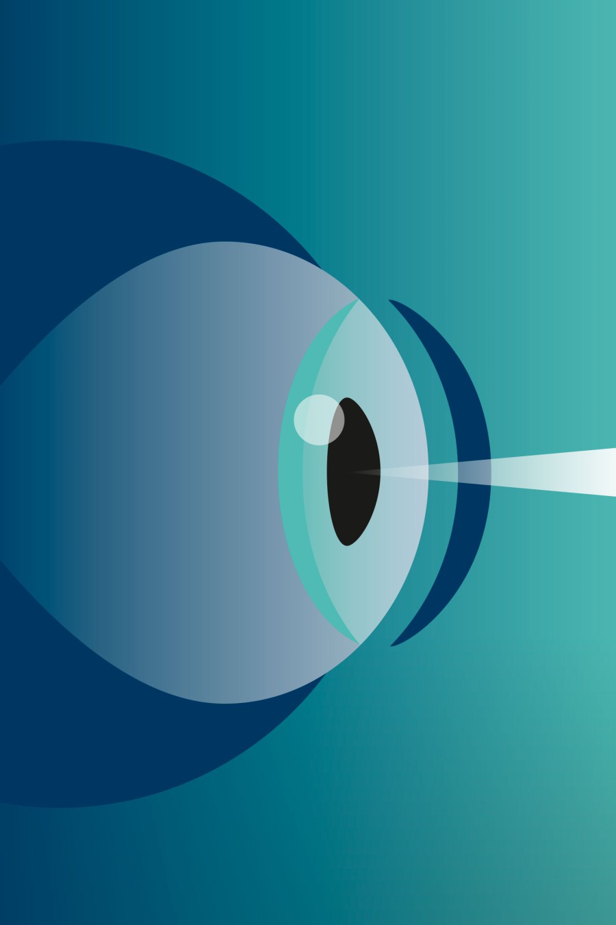 Redaktionelle Großillustration für das HHU-Magazin: stark vereinfachtes stilisiertes Auge in Türkis und Dunkelblau auf hellblauem Hintergrund, symbolisiert Wahrnehmung oder Überwachung