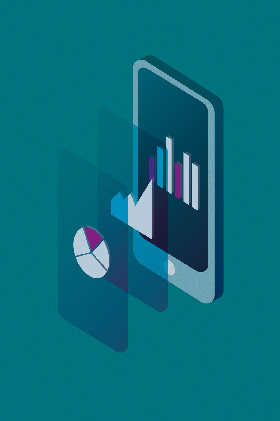 Redaktionelle Illustration für das HHU-Magazin: isometrische Darstellung eines Smartphones mit Balkendiagrammen und Kreisdiagramm auf türkisblauem Hintergrund, symbolisiert Datenanalyse und digitale Statistik