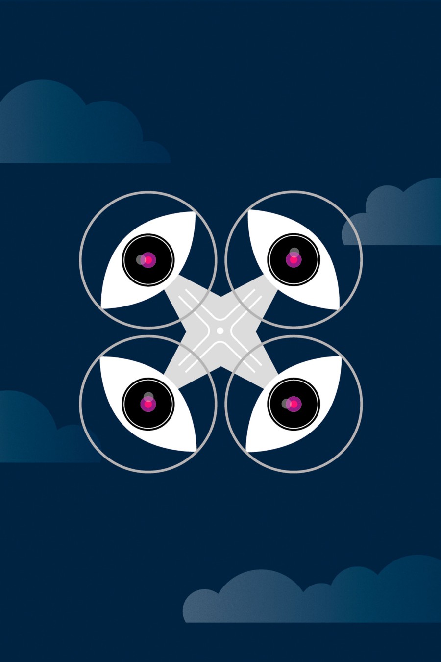 Redaktionelle Illustration für das HHU-Magazin: abstrakte Nachtszene mit Wolken und geometrischen Formen als Drohne auf dunkelblauem Hintergrund