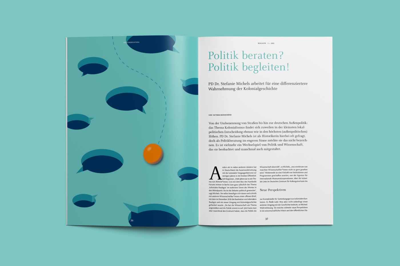 Verschiedene aufgeschlagene HHU-Magazin-Doppelseite zum Thema Politik und Kolonialgeschichte, &bdquo;Von Pac-Man zu Zagreus" &uuml;ber Computerspielforschung, Joseph Beuys und Nachhaltige Landwirtschaft