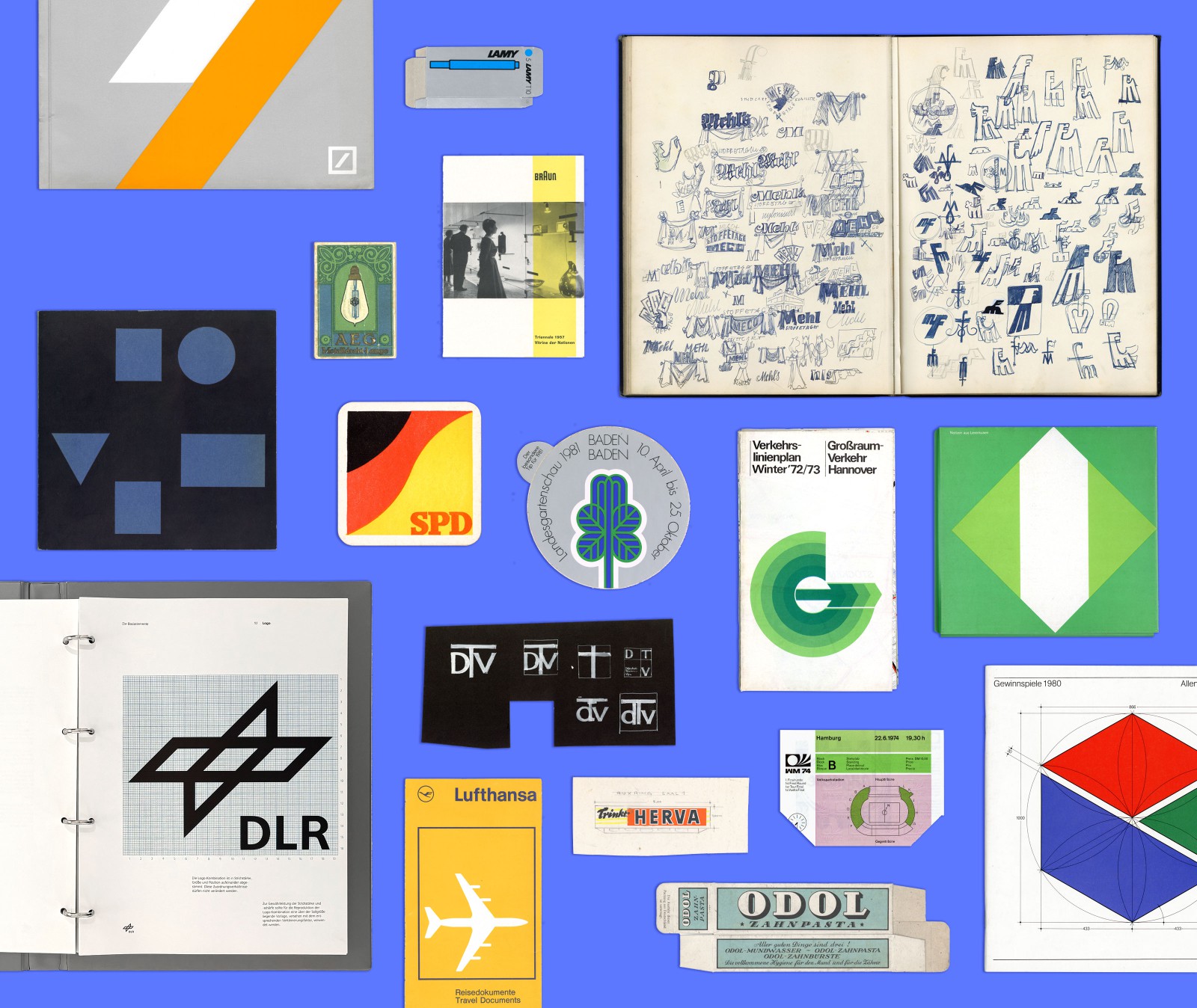 Collage historischer Corporate-Design-Exponate: DLR-Handbuch, Lufthansa-Dokumente, SPD-Logo und Deutsche-Bank-Entwürfe