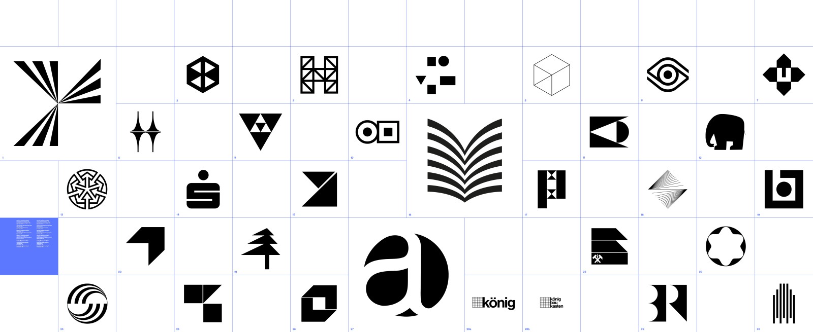 Schematische Wandabwickung der Logowand aus der Ausstellung: Rasterhafte Darstellung von 31 historischen deutschen Corporate-Design-Logos auf weißem Grund