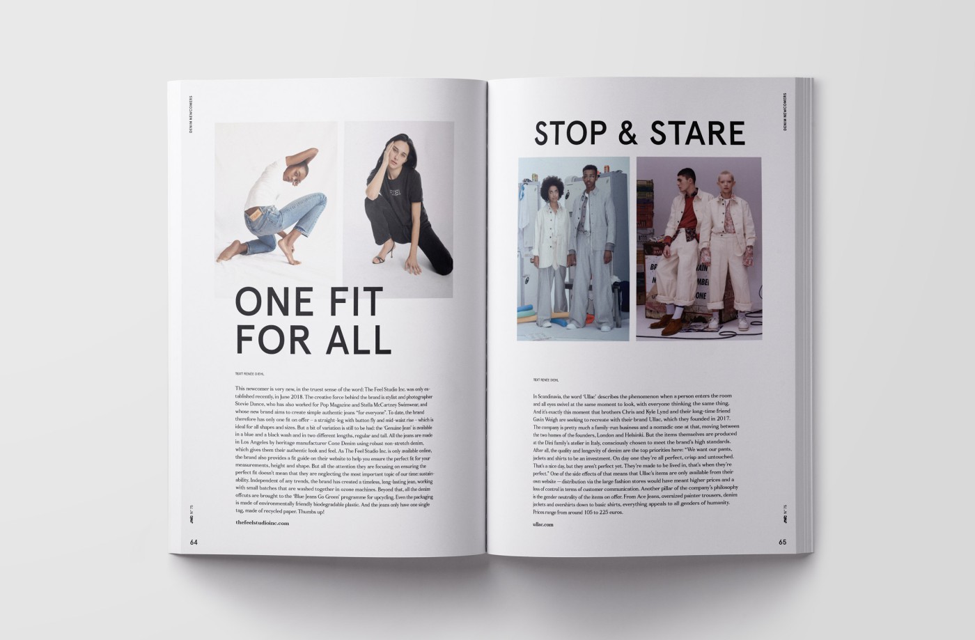 Aufgeschlagene J'N'C-Magazin mit den exemplarischen Rubrik-Doppelseiten aus &bdquo;Brands to Watch&ldquo;, &bdquo;Most Wanted&ldquo;, &bdquo;Denim Textile Trends&ldquo;, &bdquo;Bits & Pieces&ldquo; und &bdquo;Denim Newcomers&ldquo;