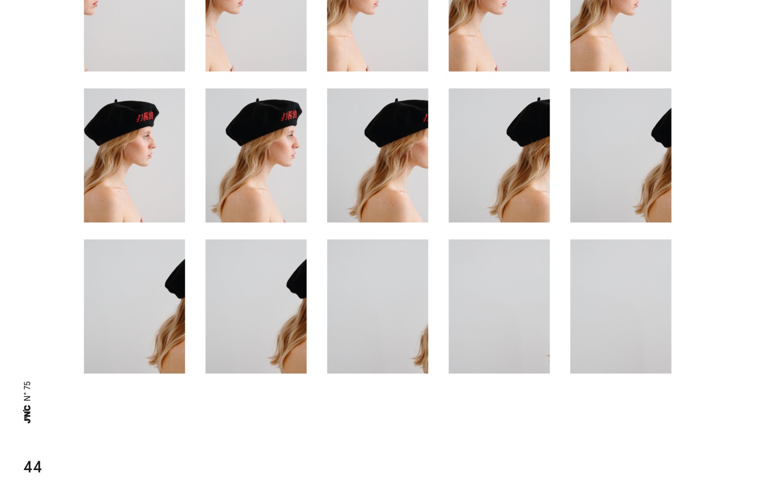 Raster aus 15 quadratischen Ausschnittsfotos aus J'N'C Nr. 75, es zeigt ein weibliches Model im Seitenprofil mit schwarzem Barett mit roter asiatischer Stickerei mit wechselndem Bild-Ausschnitt