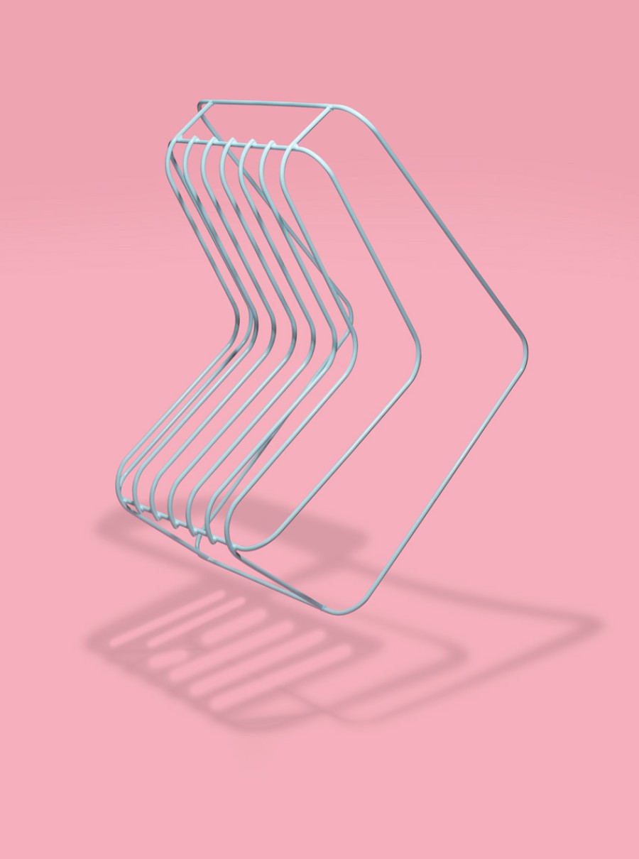 Produktfoto eines minimalistischen Drahtgestell Stuhls aus Metall auf rosa Hintergrund, schwebend im Raum