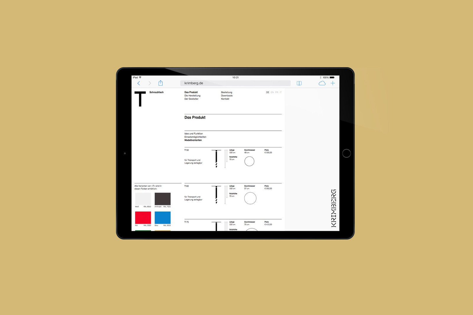 Tablet-Mockup der Krimberg-Website mit einer Produktdetailseite: Typografie der Modellvarianten, Farbpaletten sowie Produktbeschreibungstext