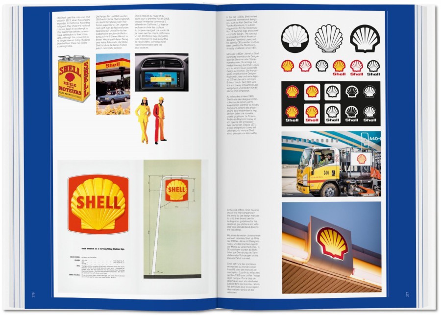 Aufgeschlagene Doppelseite aus „Logo Beginnings" mit historischen Schwarz-Weiß-Markenzeichen und erläuternden Texten zur Logoentwicklung bekannter Weltmarken am Beispiel von Shell