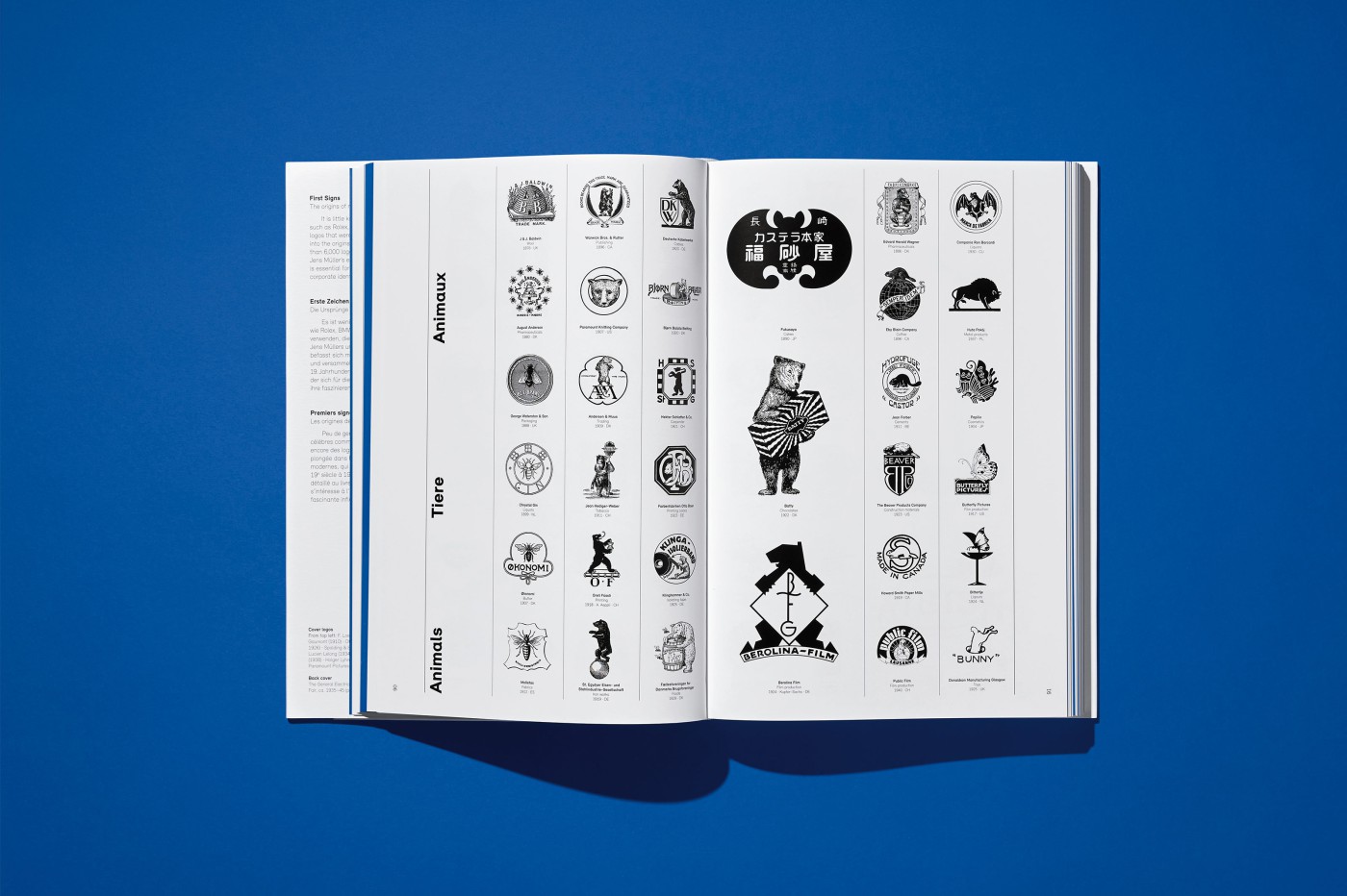 Doppelseiten aus &bdquo;Logo Beginnings" mit klassifizierten Firmenlogos und Markenzeichen, darunter Logos bekannter Unternehmen wie Avanti und Kapiteltrenner