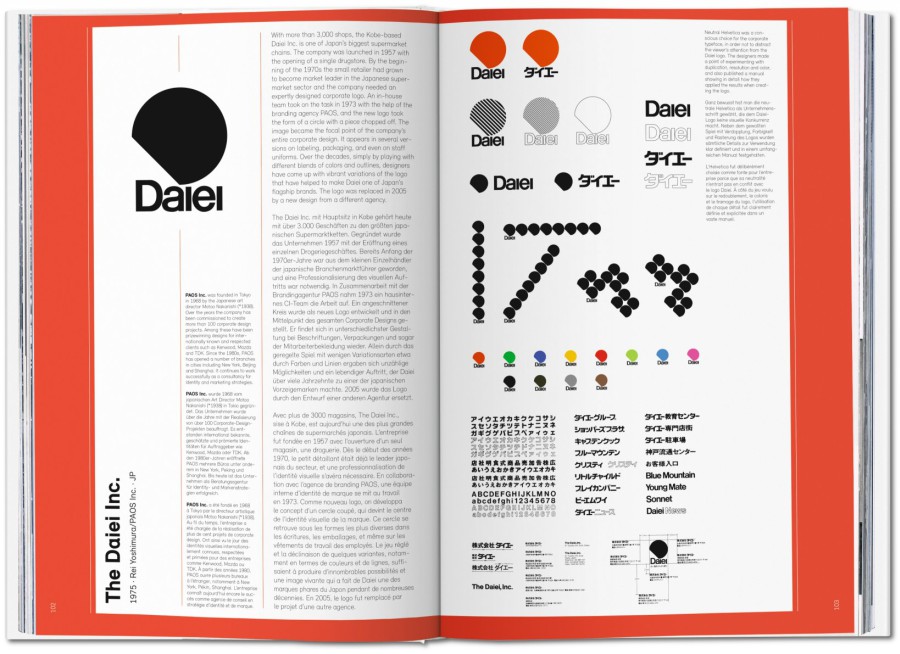 Aufgeschlagene Doppelseite aus „Logo Modernism" zur Fallstudie des japanischen Einzelhandelsunternehmens Daiei: mit erklärendem Text und Hintergrundinformationen links, rechts die vollständige Logoentwicklung mit Farbvarianten und Anwendungsbeispielen