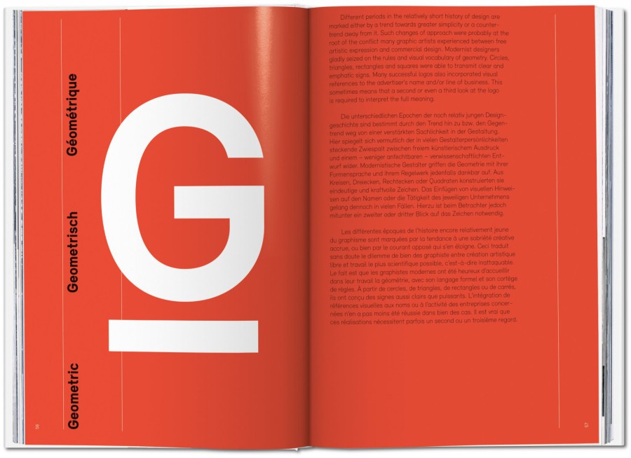 Aufgeschlagene Doppelseite aus „Logo Modernism": linke Seite leuchtendes Orange-Rot mit dem riesigen weißen Großbuchstaben „G" und dem Kapitelname „Géométrique / Geometrisch / Geometric" in drei Sprachen als Kapitelauftakt und dem Einleitungstext auf der rechten Seite