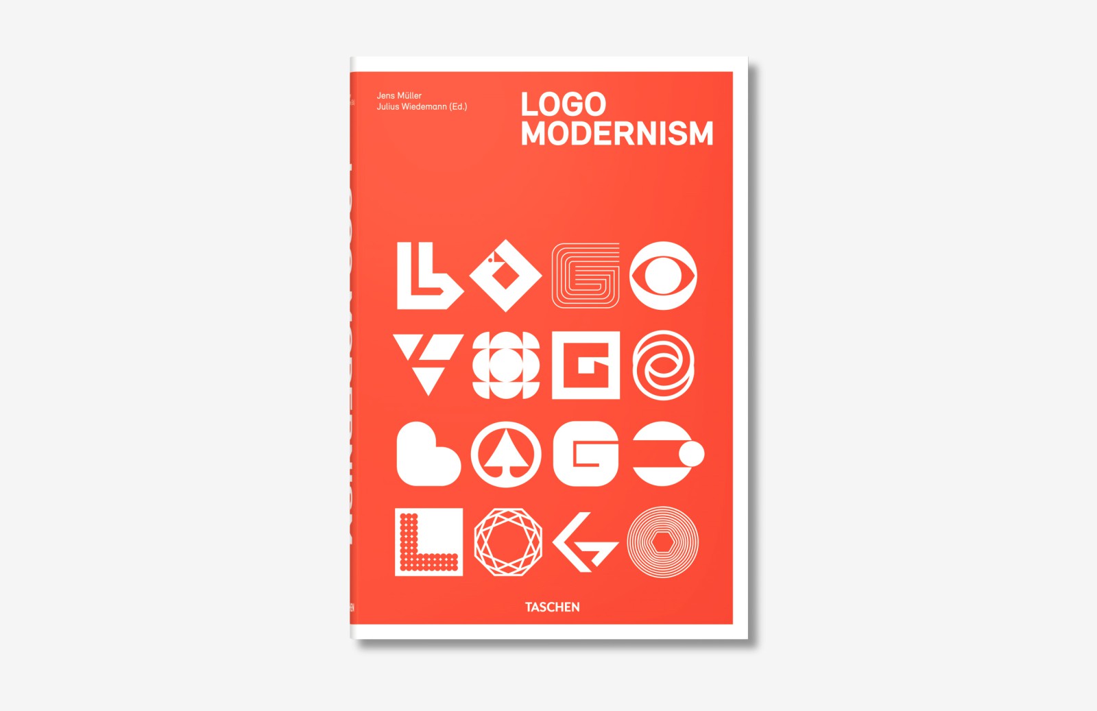 Aufrechtes Buchcover von „Logo Modernism" von Jens Müller und Julius Wiedemann (Taschen Verlag): orangeroter Einband mit dem Titel in Weiß und einer Collage aus geometrischen Markenzeichen des 20. Jahrhunderts