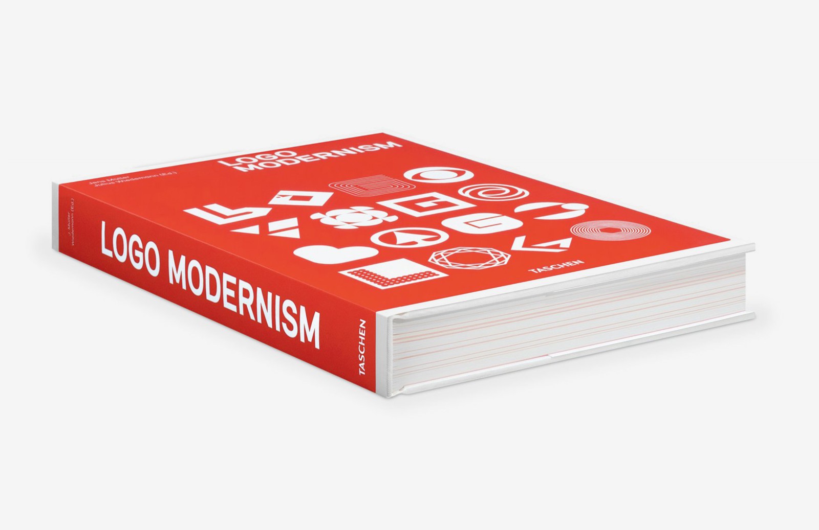 Dreidimensionale Schrägansicht des liegenden Buchs „Logo Modernism" (Taschen): roter Einband mit weißen geometrischen Logos, zeigt Buchrücken und Seitenansicht des umfangreichen Bandes