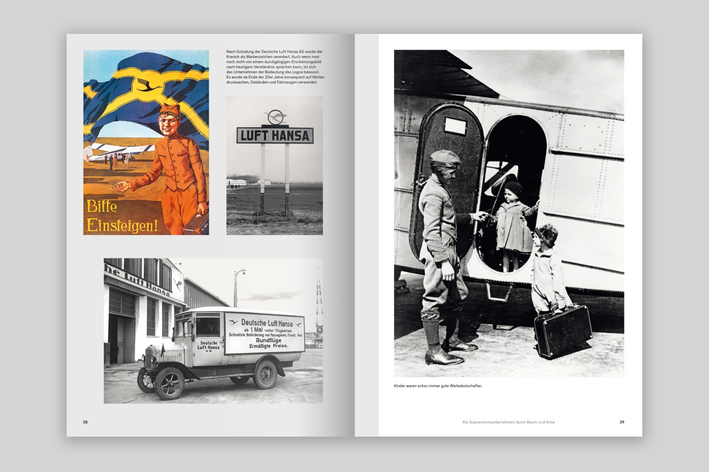 Doppelseite mit historischen Luft-Hansa-Postern, einem Foto eines Lieferwagens im Firmendesign und Aufnahmen von Flugg&auml;sten beim Einstieg in ein historisches Flugzeug