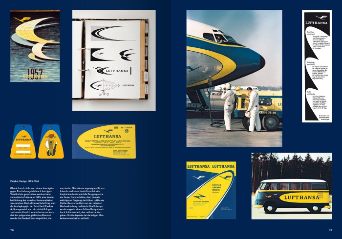 Doppelseite „Parabel Design, 1955–1963" mit Reiseposter von 1957, Logo-Skizzenbuch mit Schwalbenmotiv, Kofferanhängern, Flugticket-Mappe sowie einem Lufthansa-VW-Bulli