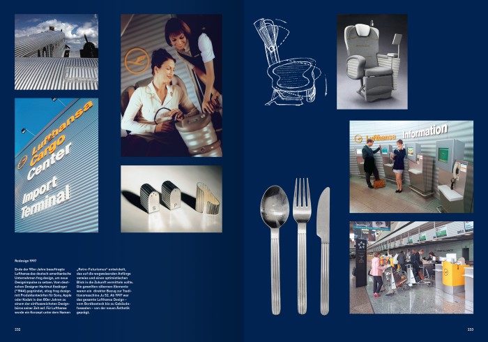 Doppelseite „Redesign 1997" mit Beschilderung des Lufthansa Cargo Center Import Terminal, Fotos von Passagierservice und Informationsschalter sowie Besteck- und Gepäckdetails