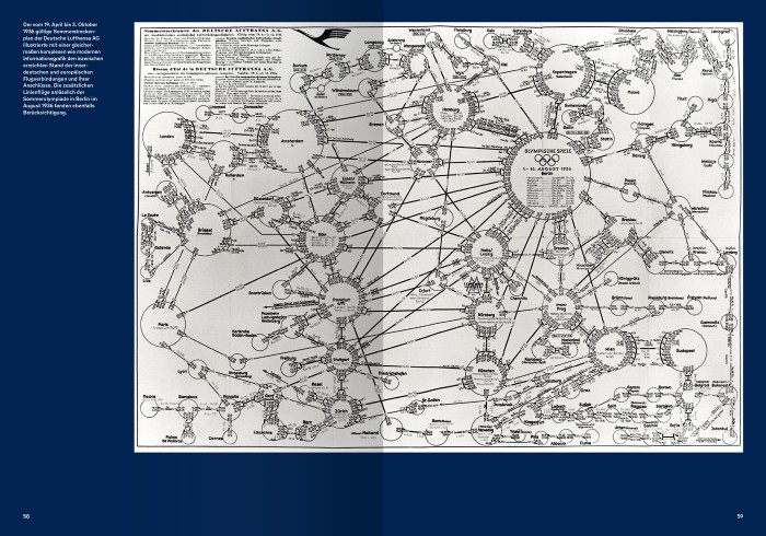Doppelseite mit historischer Streckennetzkarte der Deutsche Lufthansa AG aus dem Sommerflugplan 1936, mit Flugverbindungen quer durch Europa