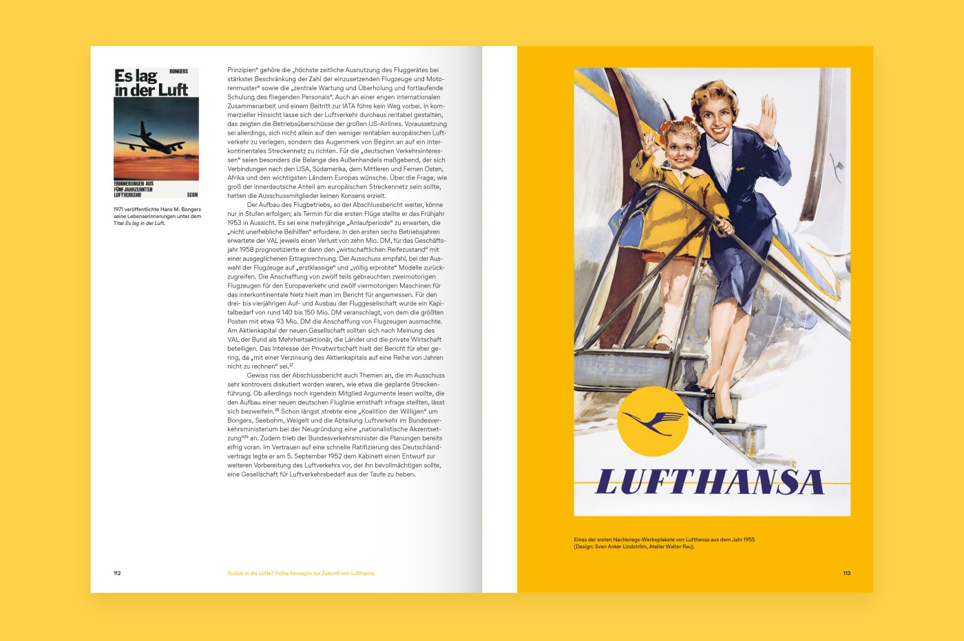 Doppelseite mit historischem Lufthansa-Werbeplakat &bdquo;Es lag in der Luft" und einem Foto einer winkenden Stewardess vor einem Flugzeug auf gelbem Grund