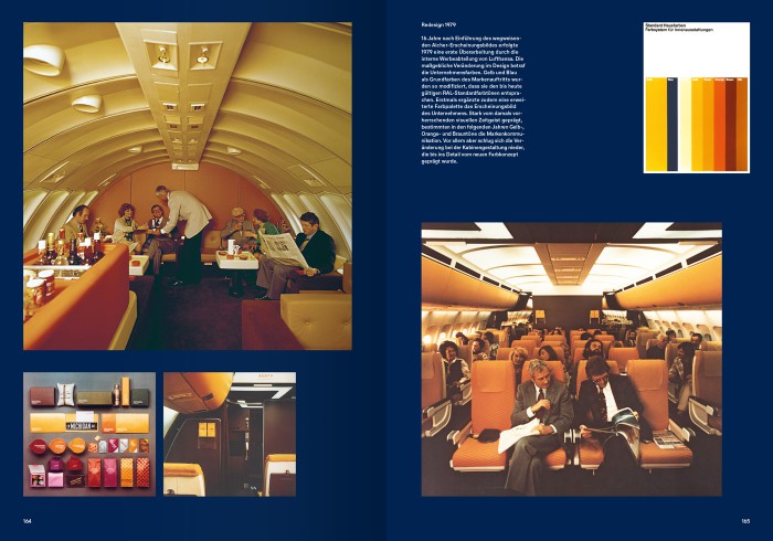 Doppelseite „Redesign 1979" aus dem Lufthansa-Buch mit Kabineninterieur in Gelb-Braun, Farbpalette und Schrifttype-Übersicht