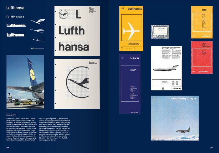 Doppelseite „Redesign 1963" mit Lufthansa-Wortmarken-Varianten, dem Kranich-Logo im Raster und weiteren exemplarischen Printprodukten