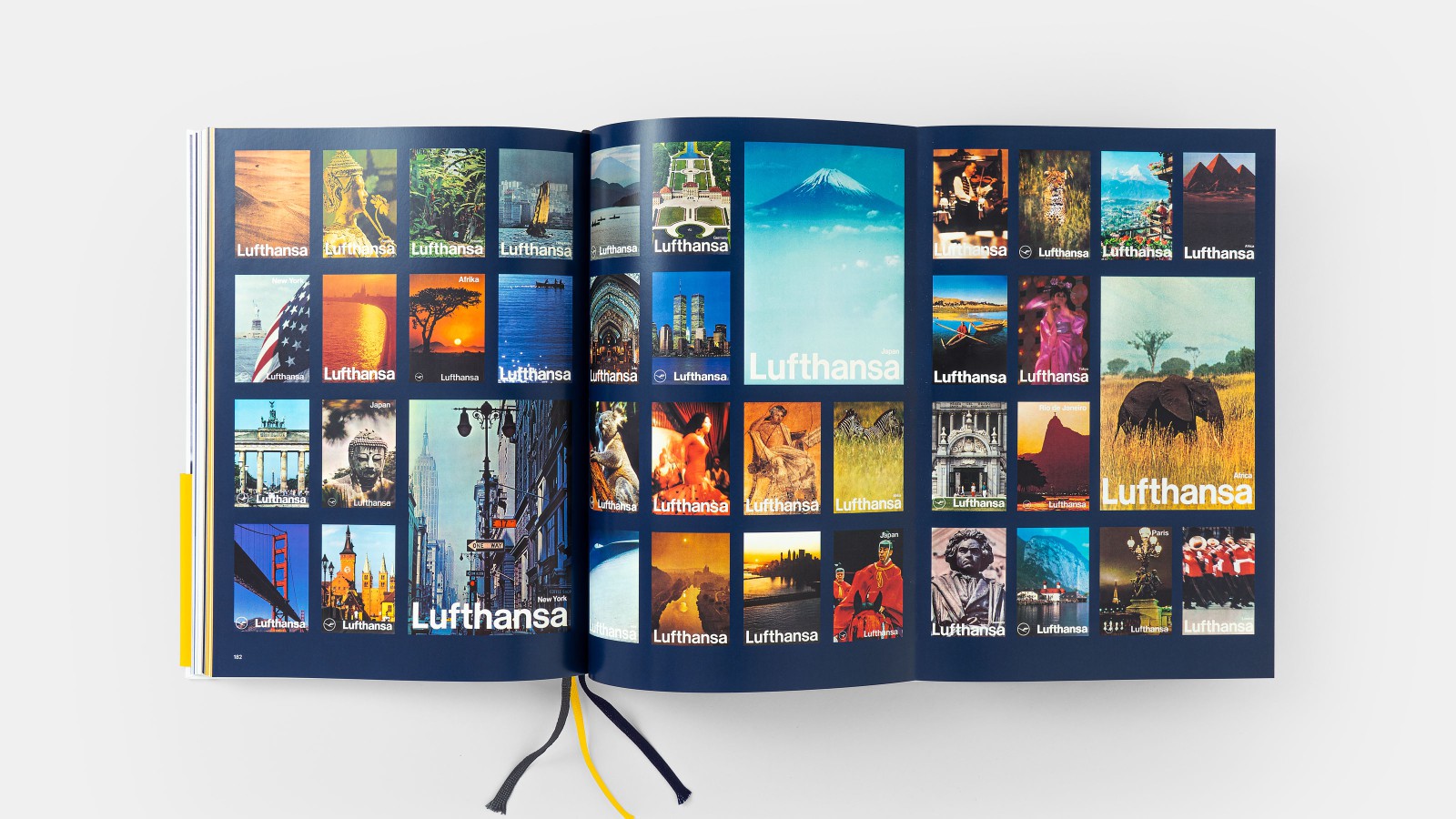 Ausklapp-Doppelseite aus dem Lufthansa-Jubiläumsbuch: Collage historischer und moderner Destinationsfotos mit Branding