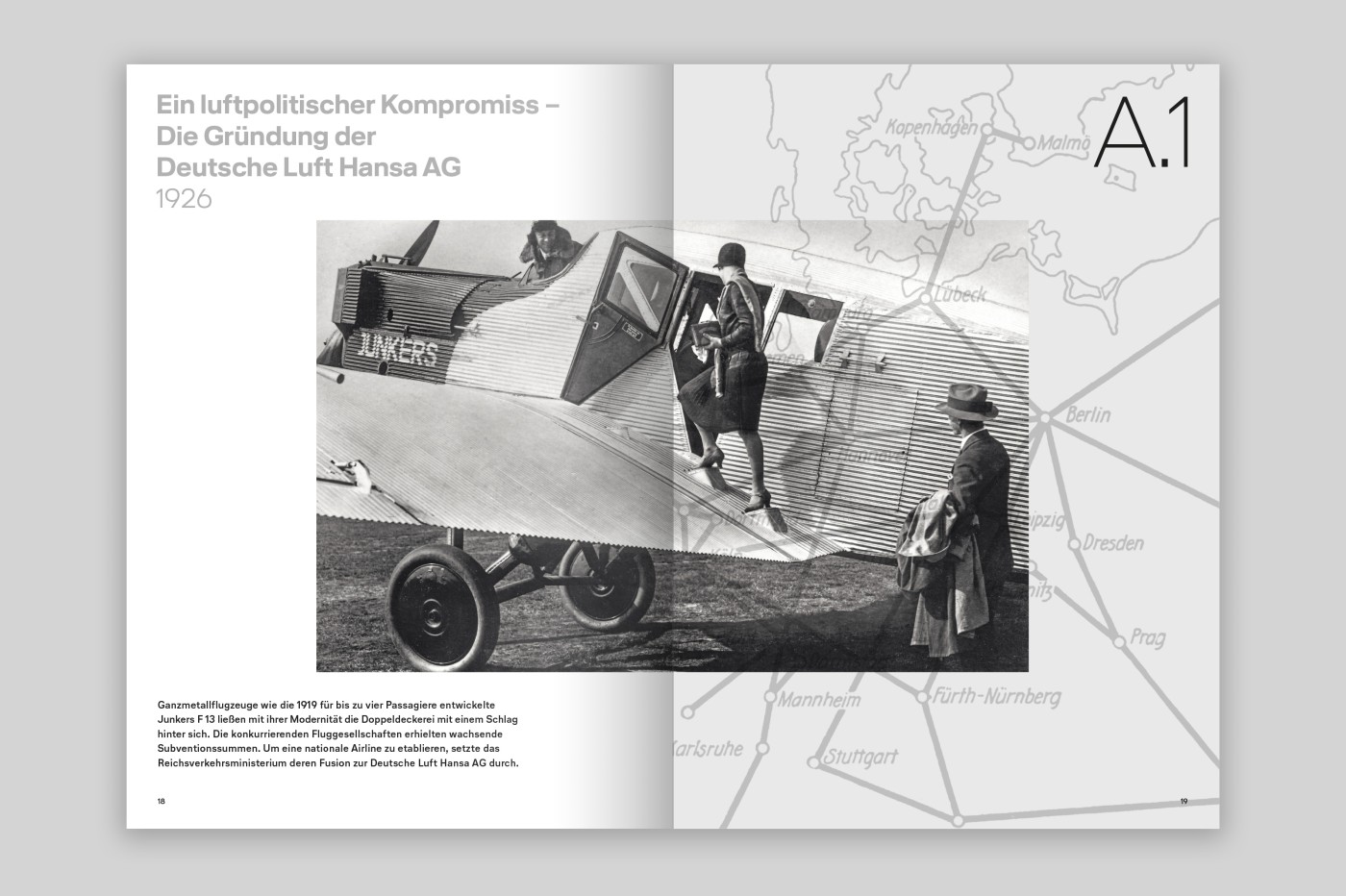 Doppelseite &bdquo;Ein luftpolitischer Kompromiss &ndash; Die Gr&uuml;ndung der Deutsche Luft Hansa AG 1926" mit historischem Foto einer Junkers-Passagiermaschine und einer Landkarte deutscher Flugrouten