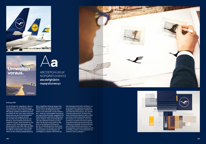 Doppelseite „Redesign 2018" mit Lufthansa-Flugzeugheckflossen auf dem Rollfeld, Anwendungsbeispielen der Schrift sowie einem Foto einer Hand, die eine Kranich-Illustration zeichnet