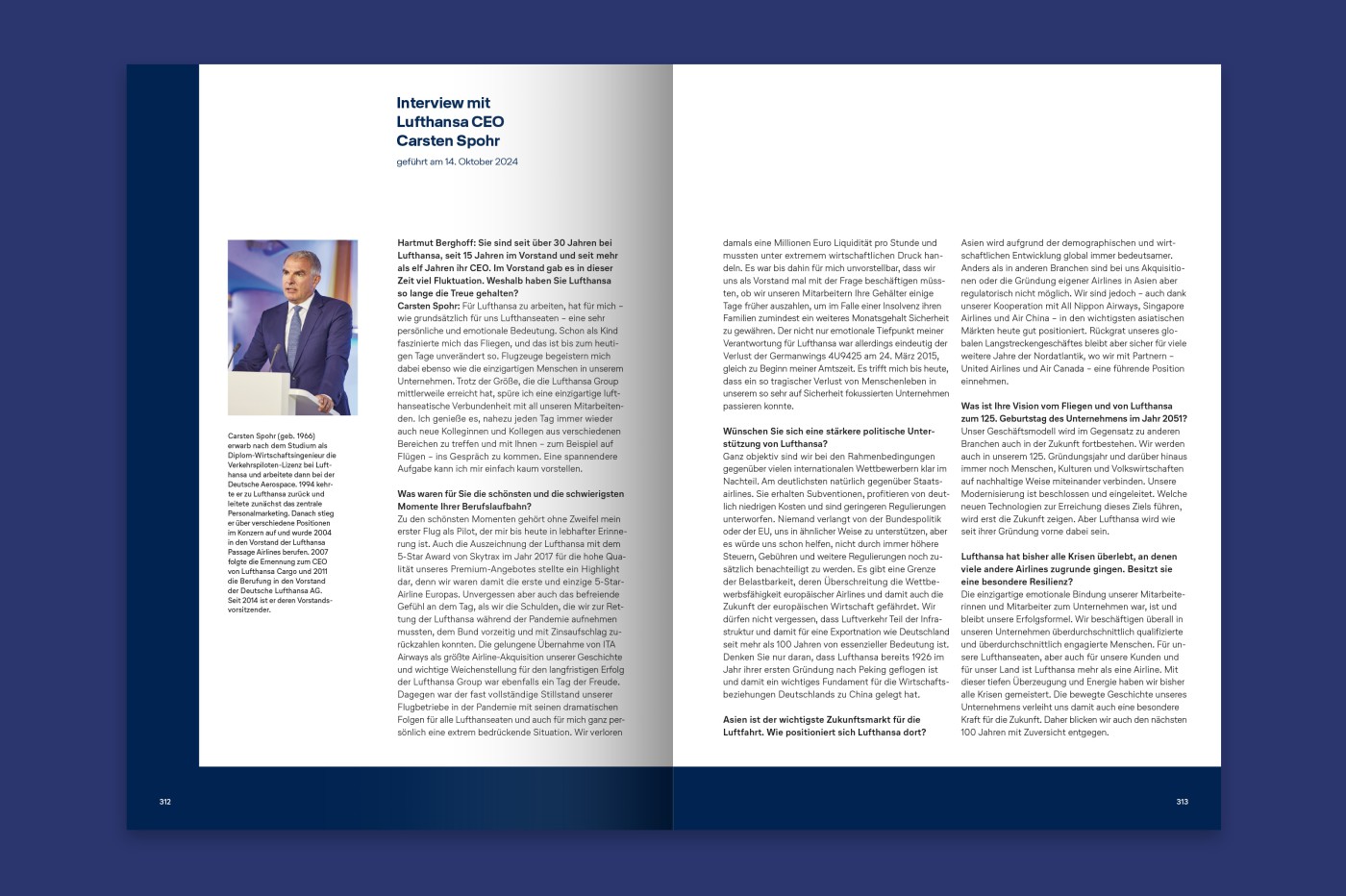 Doppelseite mit Interview des Lufthansa-CEO Carsten Spohr, Portr&auml;tfoto und Flie&szlig;text auf wei&szlig;em Grund