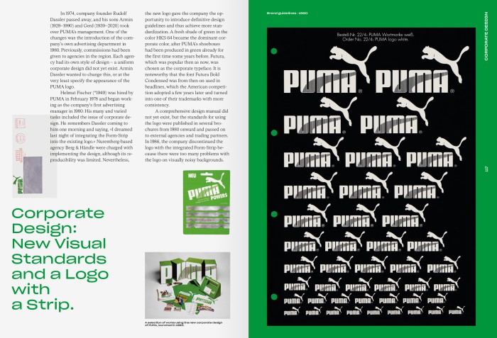 PUMA Buch Doppelseite über das PUMA Corporate Design mit neuem Logo - Wortmarke mit Form-Stripe und den „New Visual Standards"