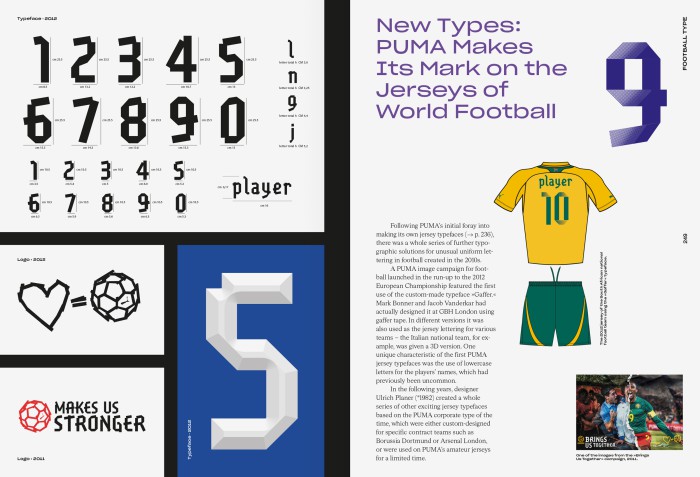 PUMA Buch Doppelseite mit PUMA-Trikottypografie und dem Kapitel „New Types: PUMA Makes Its Mark on the Jerseys of World Football"