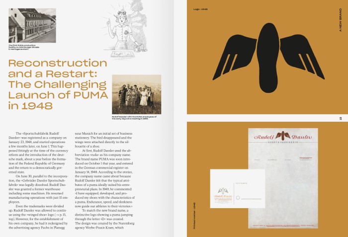 PUMA Buch-Doppelseite mit historischer PUMA-Logoentwicklungen und einer Rekonstruktionszeichnung von 1948 - dem PUMA Launch