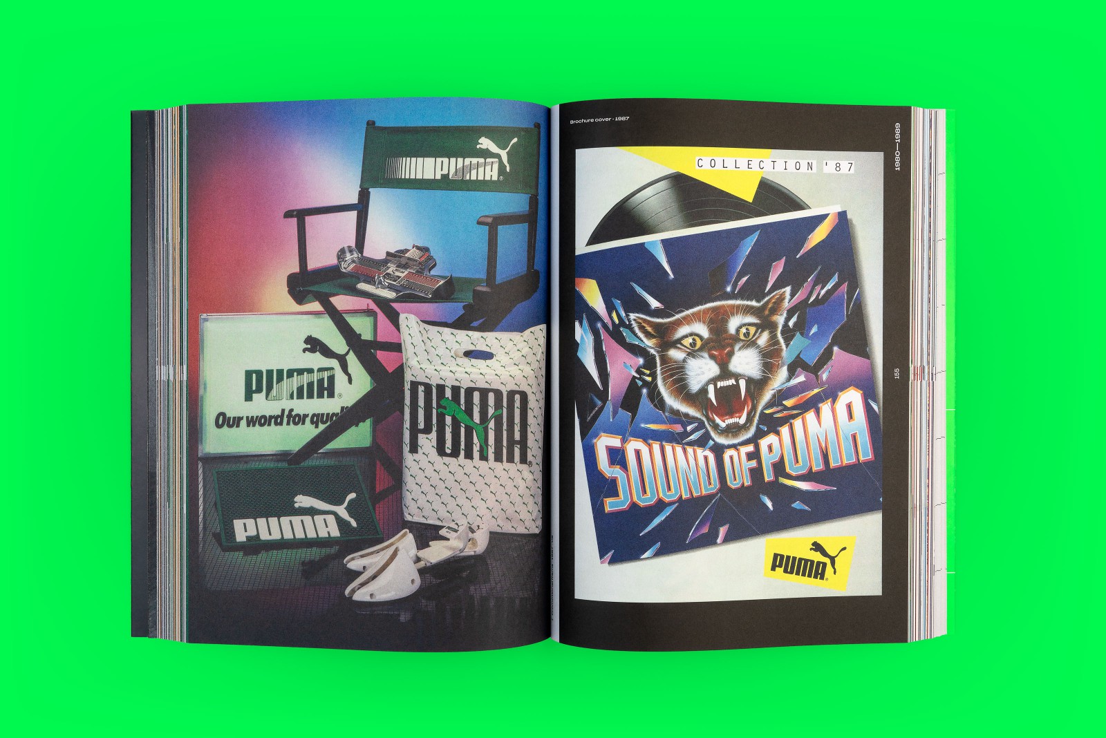   Doppelseite aus dem PUMA Buch mit alten PUMA Werbeanzeigen aus Film und Musik mit Schallplatte aus dem Jahr 1987