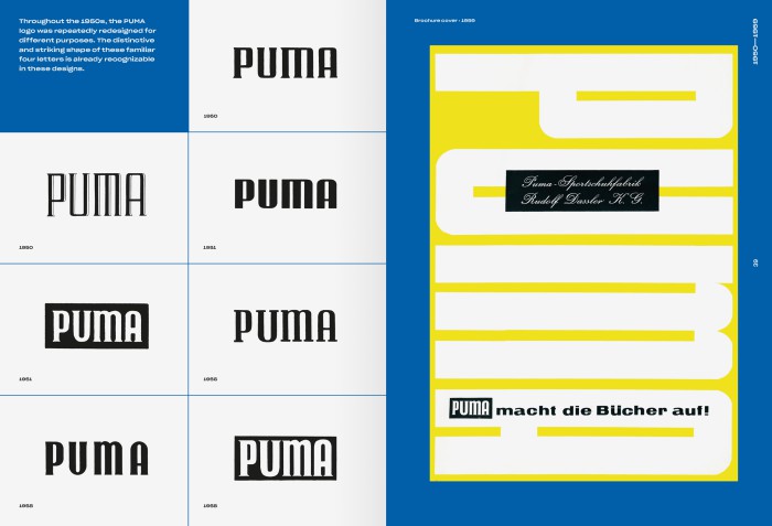 PUMA Buch Doppelseite mit historischen grafischen PUMA-Logoversionen von 1950-1959