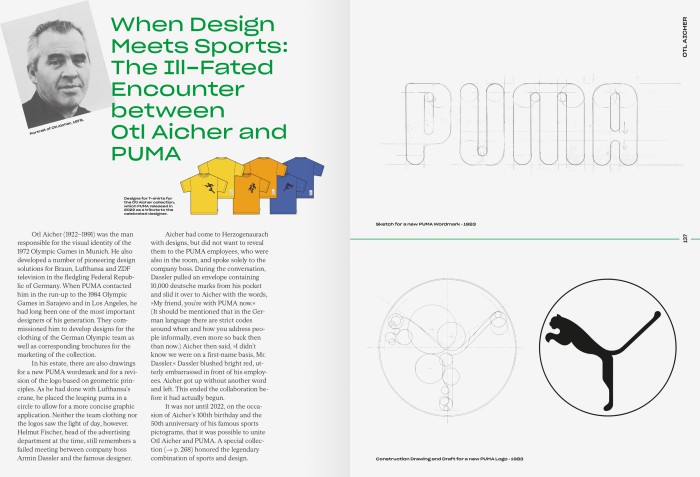 PUMA Buch Doppelseite über Otl Aicher als Designer der Olympischen Spiele 1972, engagiert für PUMA Wortmarken-Typografien und Logo-Illustration zu Olympia 1984