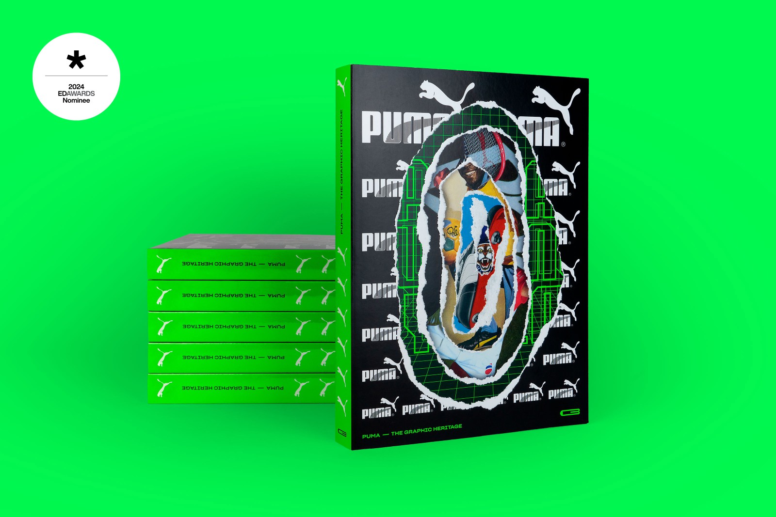 Visualisierung des PUMA-Buchs vor einem Bücher-Stapel weiterer Exemplare, mit European Design Award 2024 Badge
