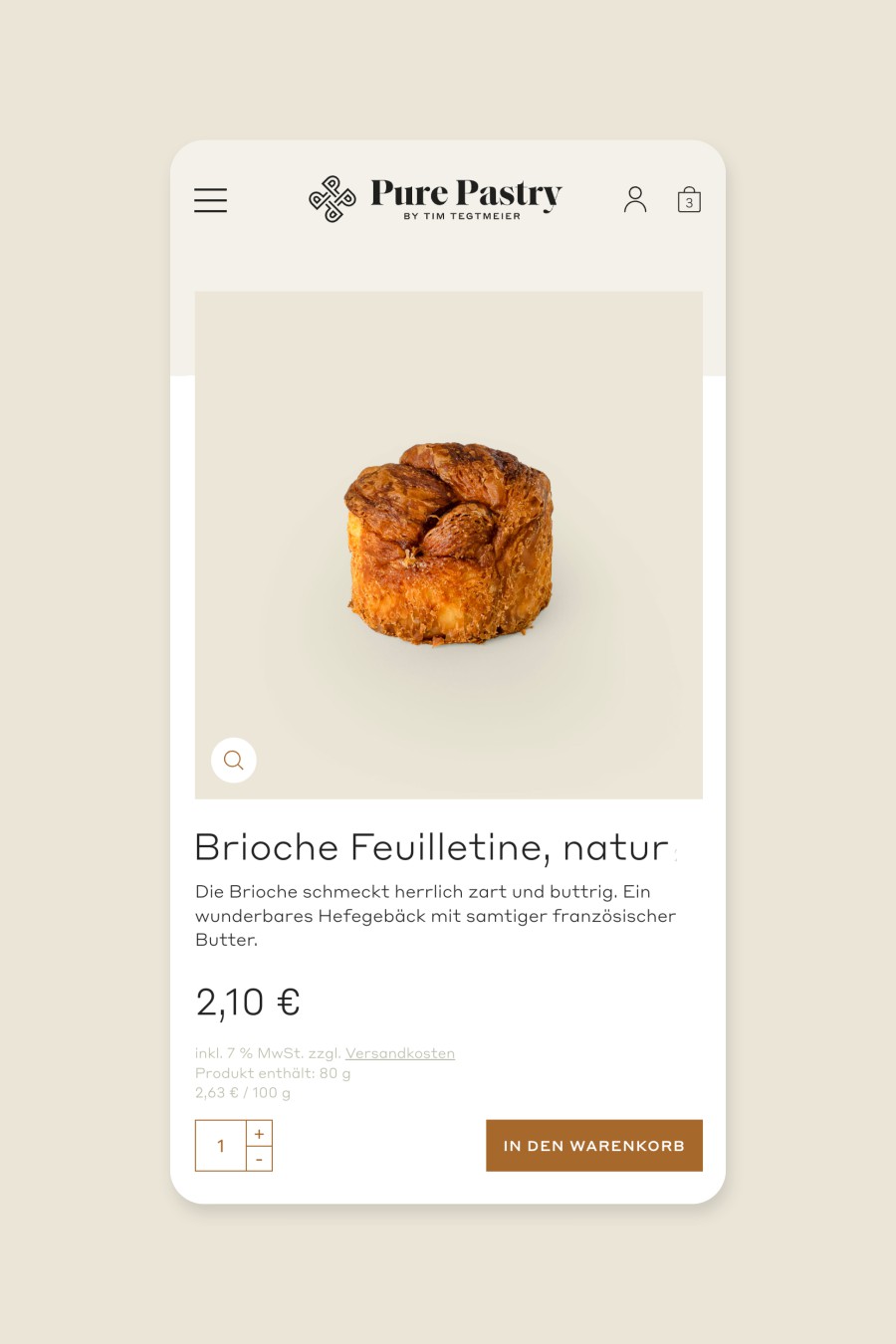 Smartphone-Webansicht der Pure Pastry Produktseite mit einer Brioche Feuilletine und Kaufbutton
