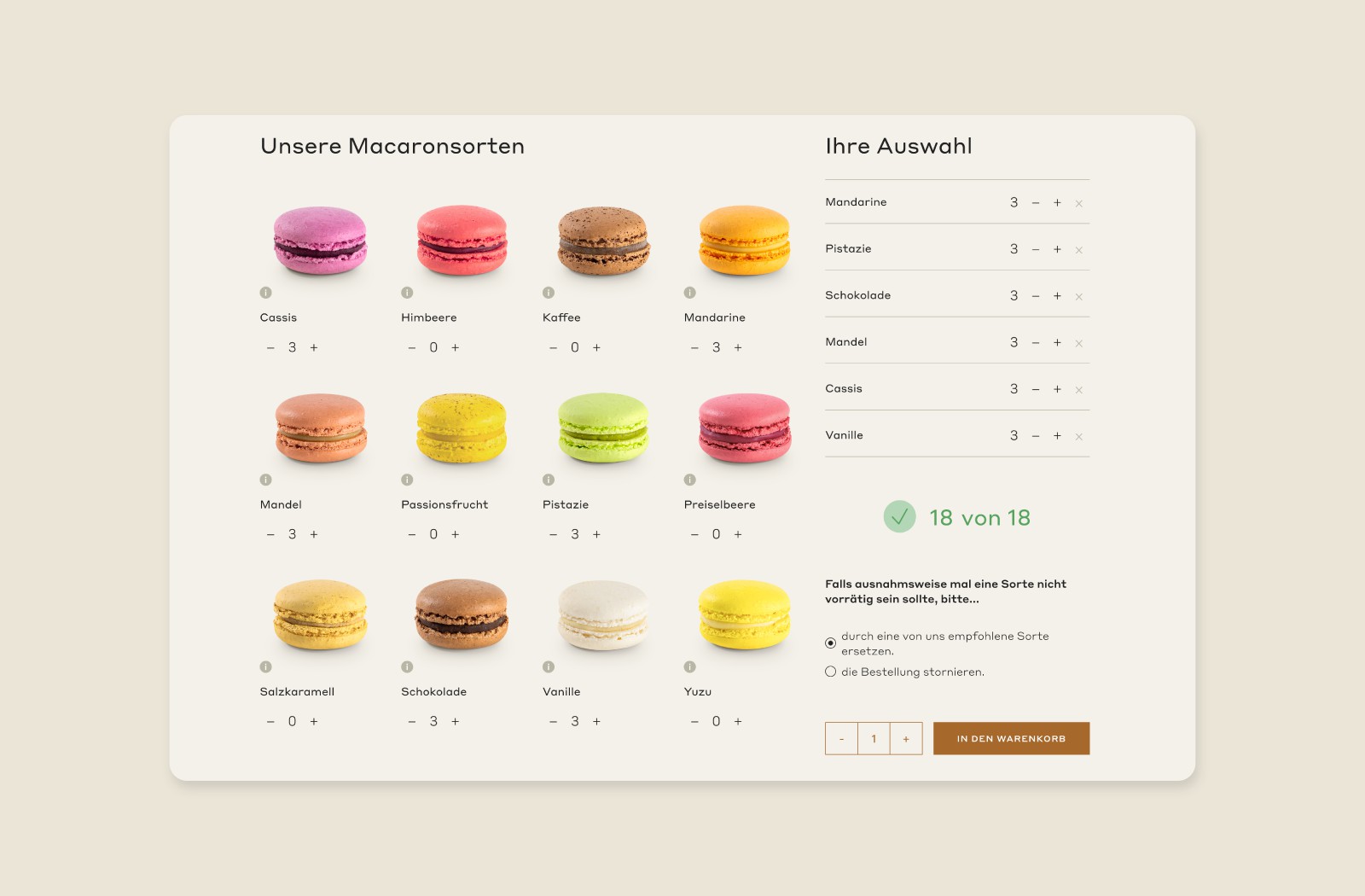 Mix-&-Match-Tool im Webshop zur individuellen Zusammenstellung einer Macaron-Box mit 18 Sorten