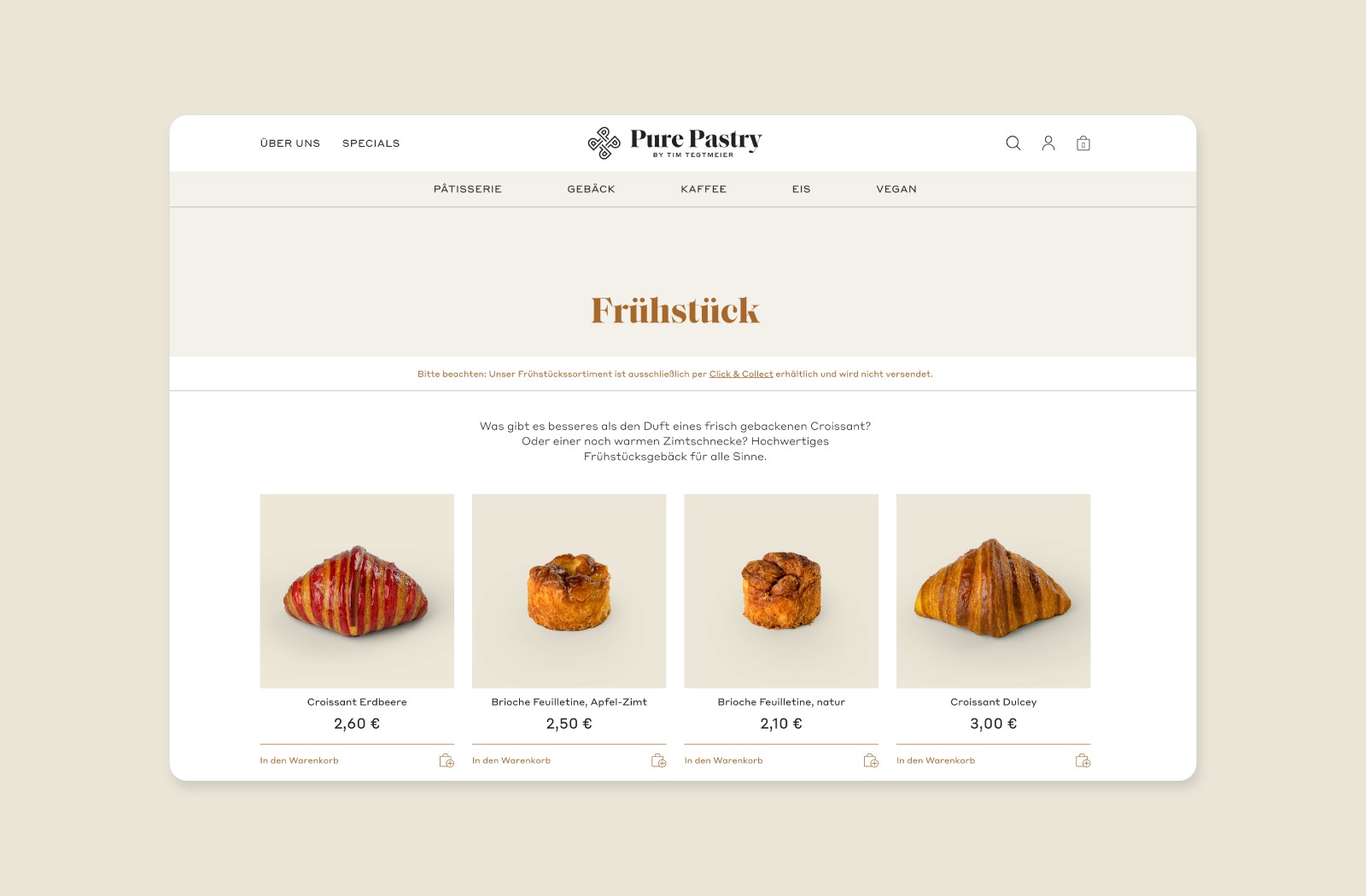   Kategorie-Seite „Frühstück" im Pure Pastry Webshop Screendesign mit vier Gebäcksorten in der Übersicht